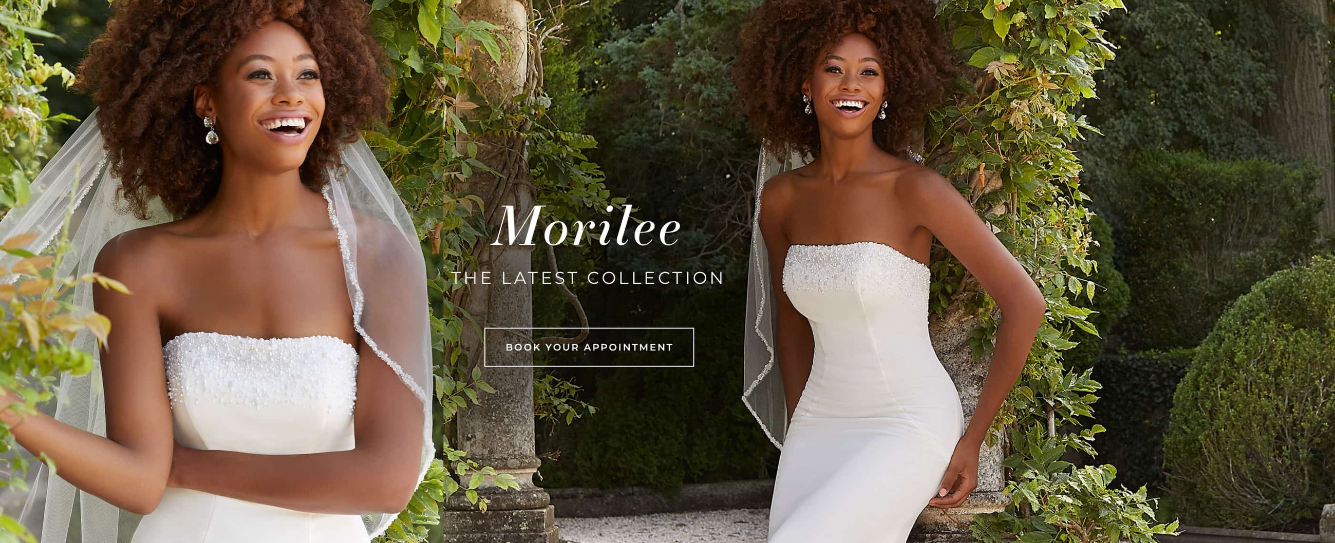 Woman wearing a Morilee wedding gown while standing in a garden